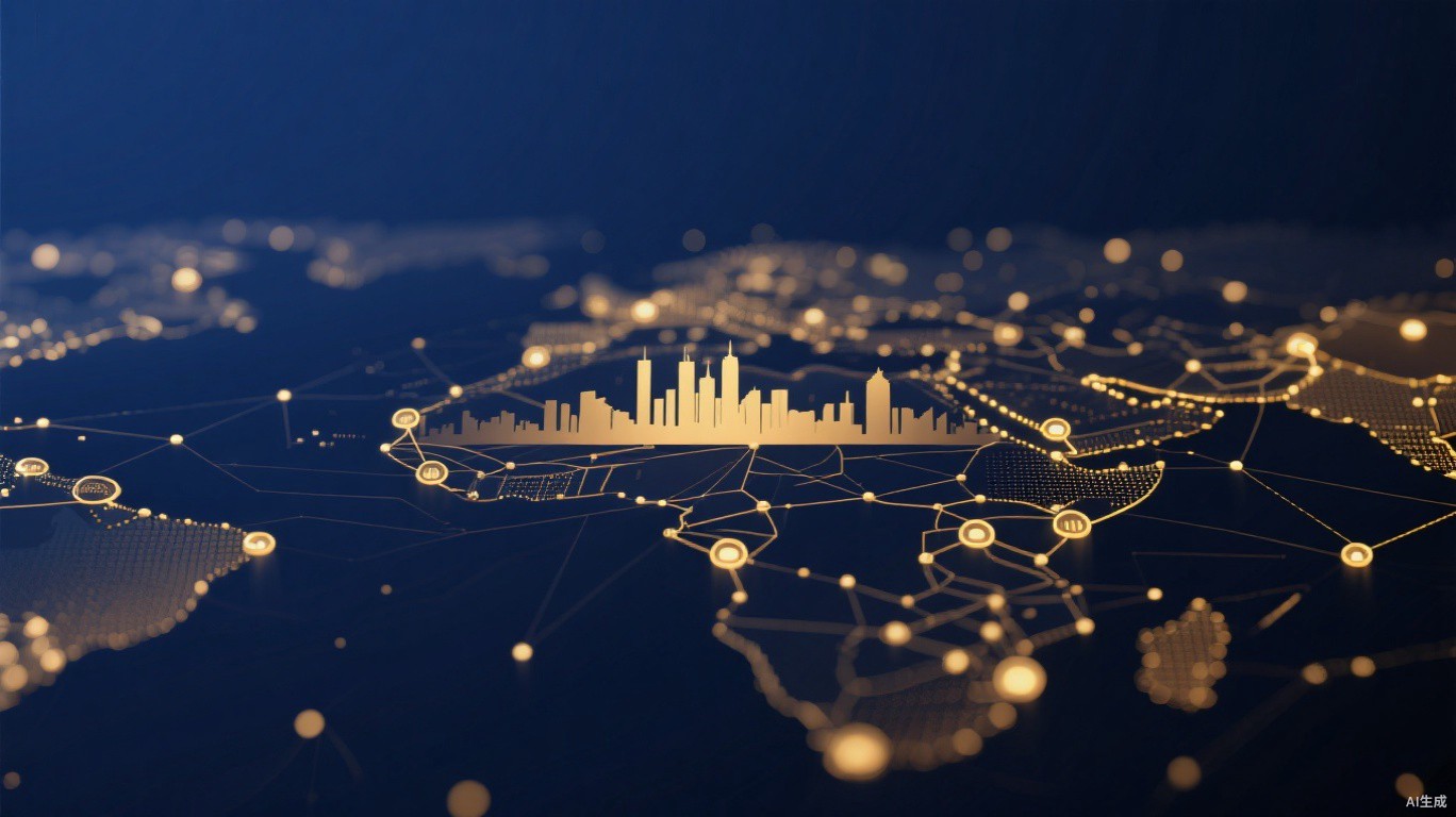 Abstract digital commerce network over East Africa in deep navy and gold